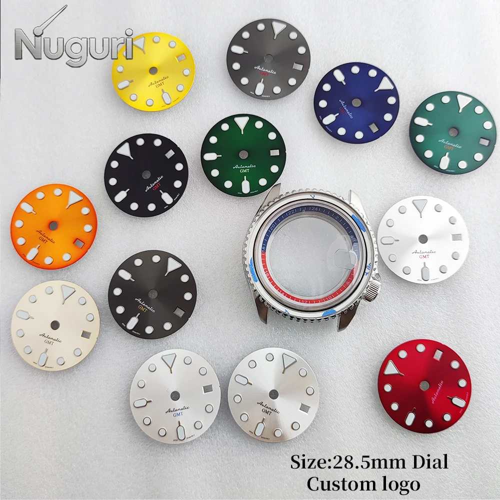 28.5mm NH35 Watch Dial Modification Compatible with NH34/NH35 Movement Custom Logo Dial Green Luminous Date Dial GMT Watch Hands