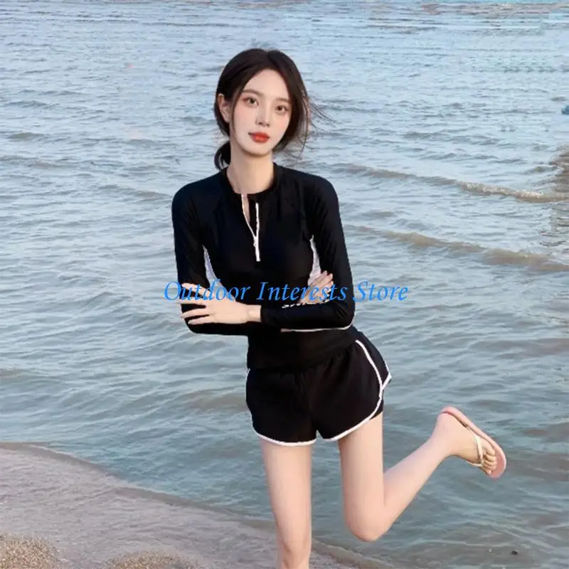 

Women Long Sleeves Bathing Suit Two Pieces Tankini Swimsuits Ladies Sport Swimwear with Shorts for Beachwear 400C