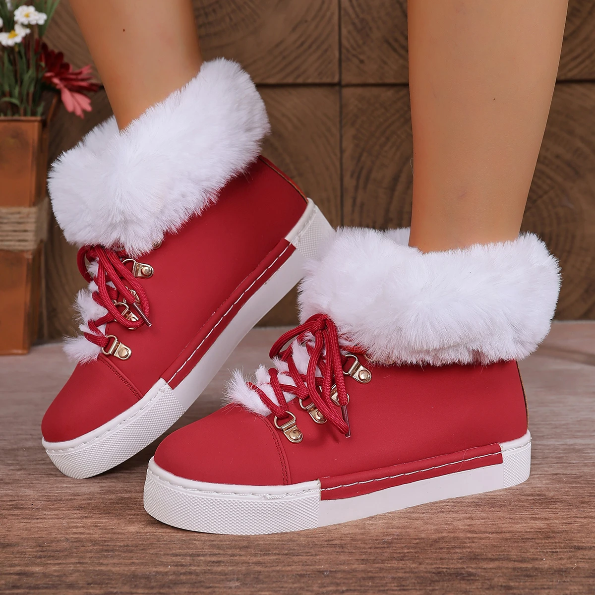 Women Snow Boots Retro Fashion Shoes Women Casual Daily Round Toe Flat Lace-Up Fuzzy Detail Lined Ankle Boots Zapatos De Mujer