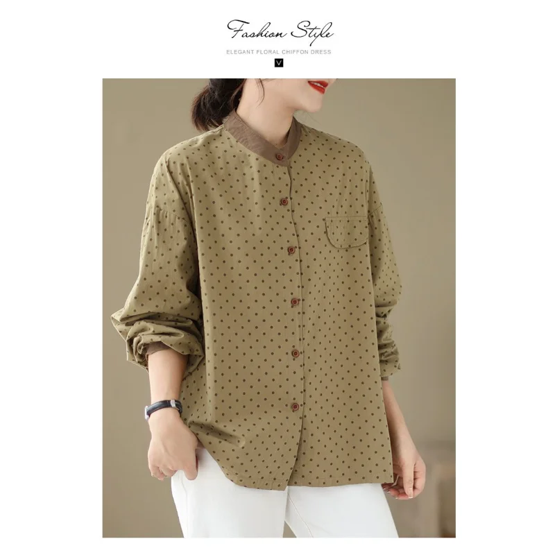 Fashion New Contrasting Color Harajuku Style Loose Pocket Polka Dot Cotton Stand Collar Long Sleeve Shirt for Women