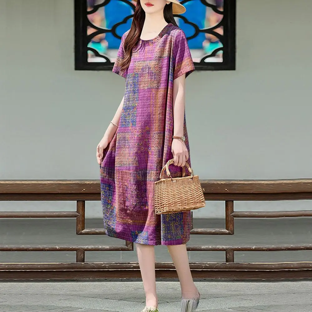 

Новое летнее женское платье макси в богемном стиле с принтом, европейский и американский стиль, с круглым вырезом, коротким рукавом, свободного кроя, S512