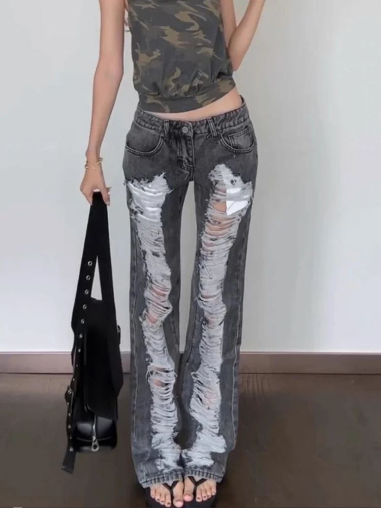

2025 Ropa Y2K Стиль, потертые черные, серые тонкие рваные джинсы, брюки для женщин, одежда, новое рок, винтажное платье, женские брюки