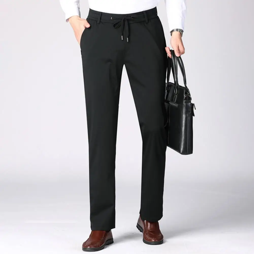 Spring Autumn Men Business Suit Pants High Waist Drawstring Straight Leg Long Trousers Korean Fashion Stretchy Casual Pants