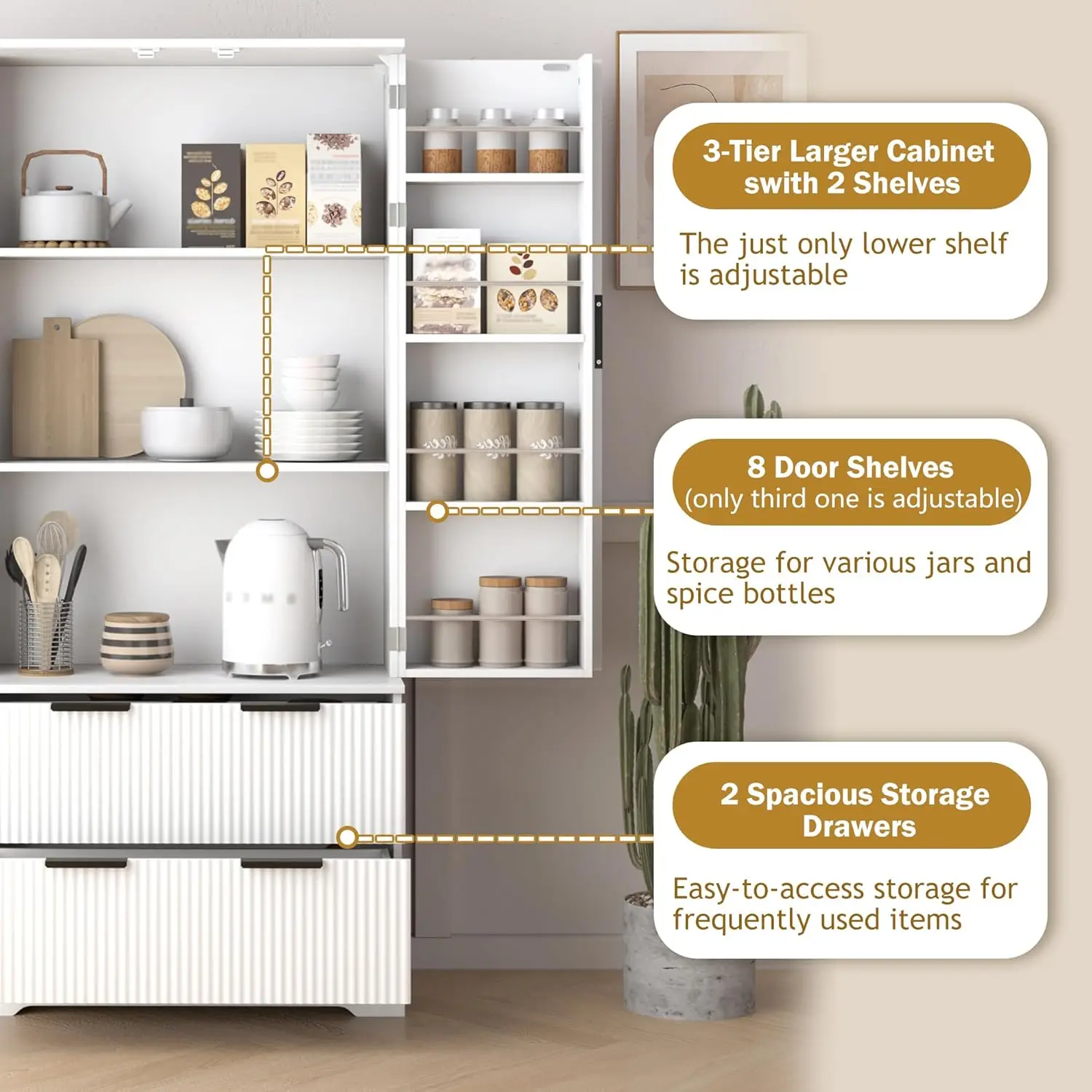 高さ72インチのキッチンパントリーキャビネット、納屋ドア2枚と引き出し2個、調節可能な棚付きの溝付きバスルーム収納キャビネット、