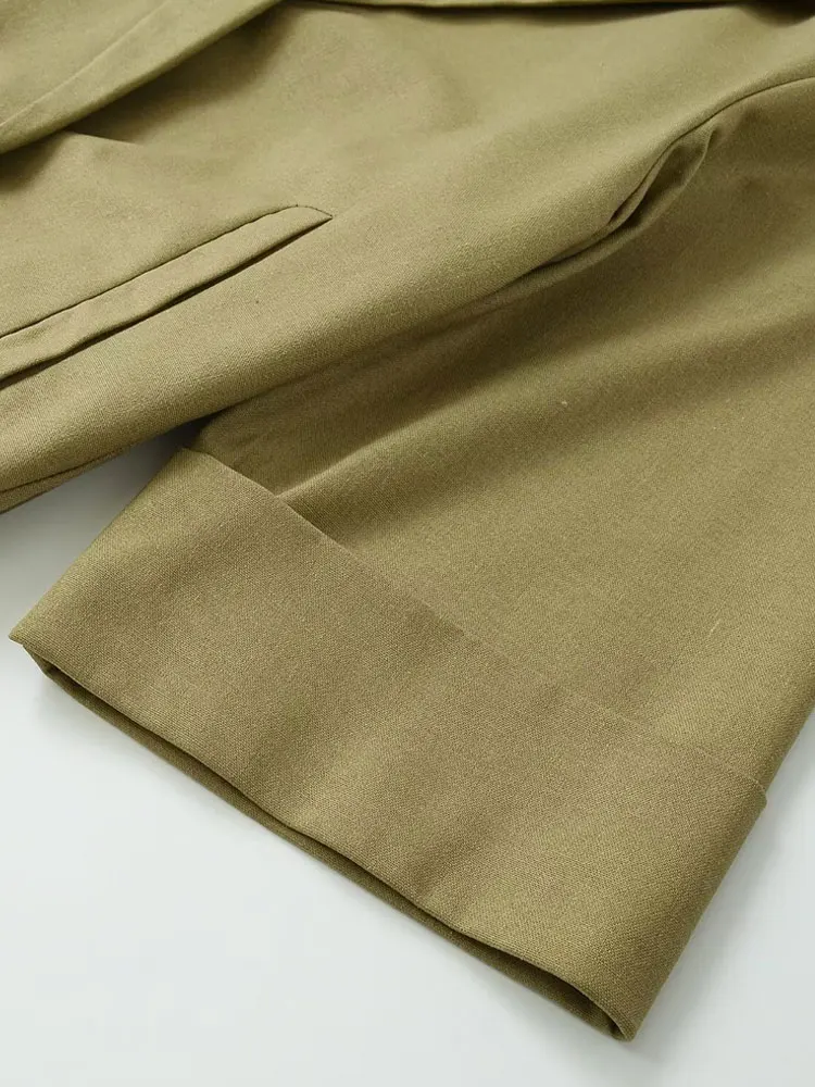 سترة نسائية فضفاضة مزدوجة الصدر من الكتان بأكمام قصيرة وجيوب ملابس خارجية أنيقة للنساء #6