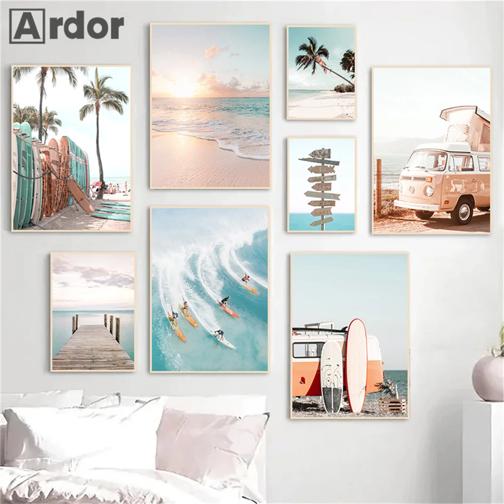 Sea Wave Beach Sunrise Poster Bus Surfboard Wall Art Prints Bridge Canvas Painting Modern Nordic Wall Pictures Living Room Decor