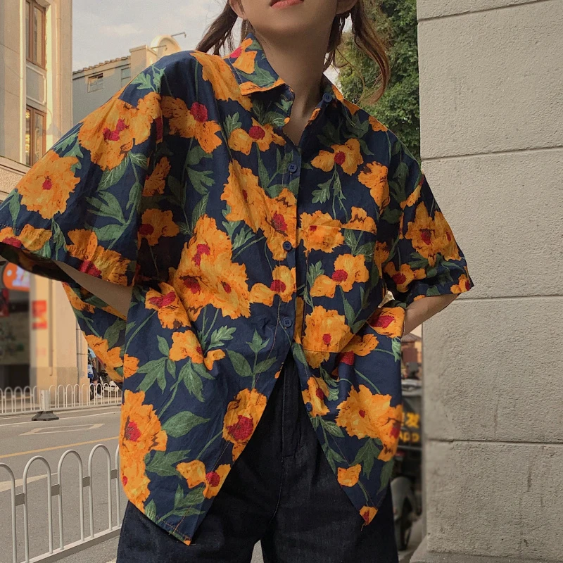 Summer Flower Print Lapel Collar Loose Shirt Top for Female Casual Fashion Short Sleeve Oversize Style Women Sunscreen Shirt