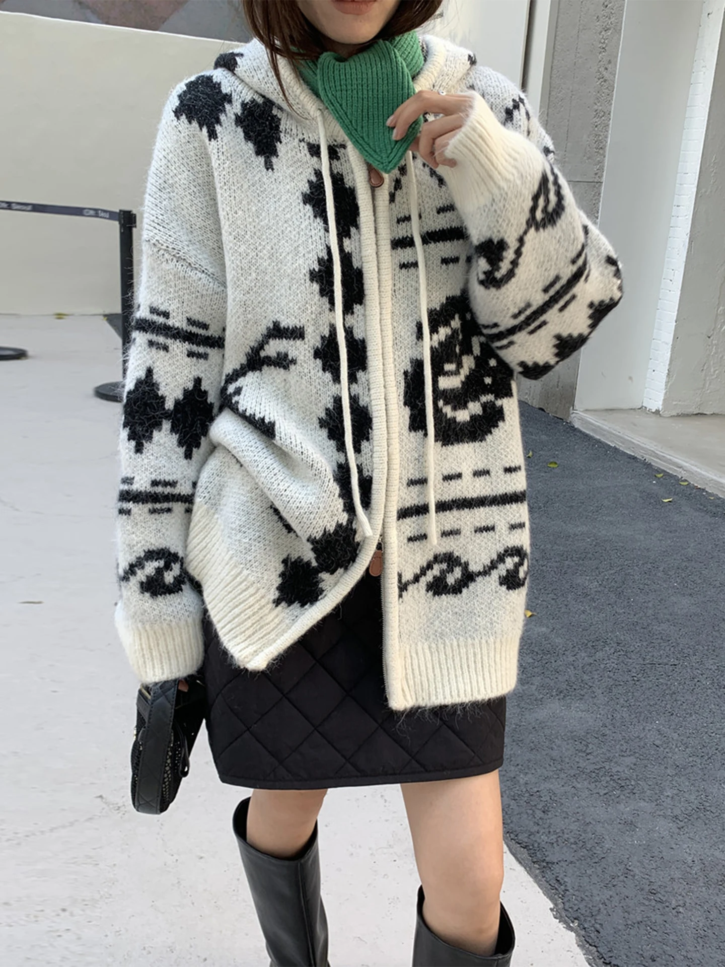 Retro Fair Isle Muster Kapuzenstrickwaren Jaet Damen Loose Fit Reißverschluss Long Sve Herbst Winter Oberbekleidung Faion Sle