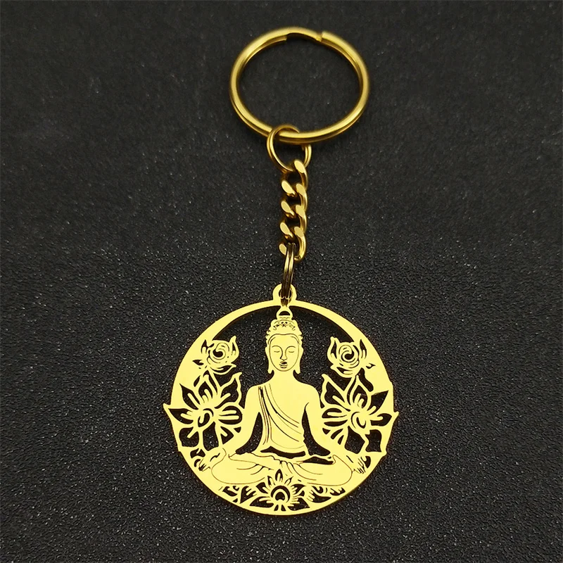 Llaveros de Chakra de meditación de Buda Bodhisattva para hombres y mujeres, regalo de joyería de Mandala de flor de loto de Color dorado de acero inoxidable