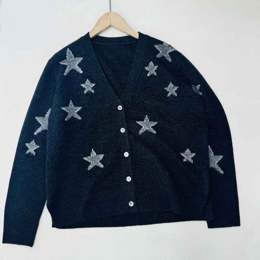 Cárdigan de Cachemira de 100% con diseño de estrellas Jacquard para mujer, suéter de punto con cuello en V y manga larga a la moda para primavera