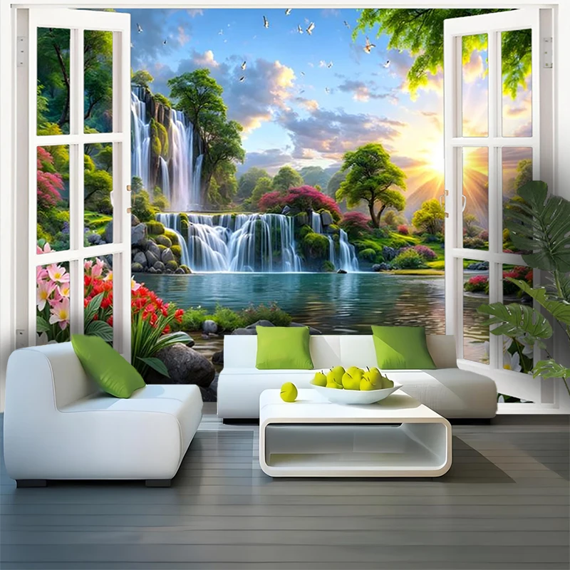 1PC Digital Print Tapestry Wall Hanging, Fake Window Forest Path Sunlight Trees Art, Nature Scenery 3D Window Wall Art Decor