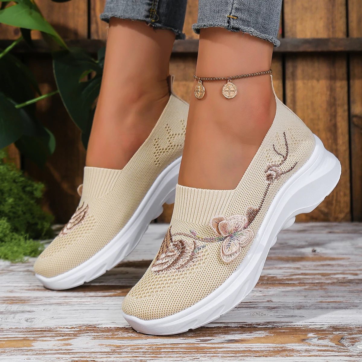 Women Floral Butterfly Embroidery Knitted Slip On Walking Shoes Breathable Mesh EVA Sole Non Slip Comfort Mom Casual Sneakers