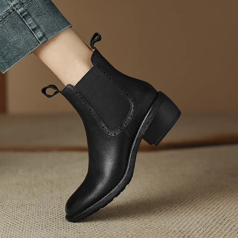 2024 New Autumn/Winter Women Boots Round Toe Chunky Heel Ankle Boots Women Genuine Leather Shoes for Women Concise Chelsea Boots