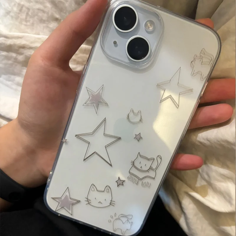 Simple Cute Cat Stars Kawaii Creative Phone Case For iPhone 16 15 14 13 12 11 Pro XS Max 7 8 Plus MINI Y2K Lovely Lucky Cover