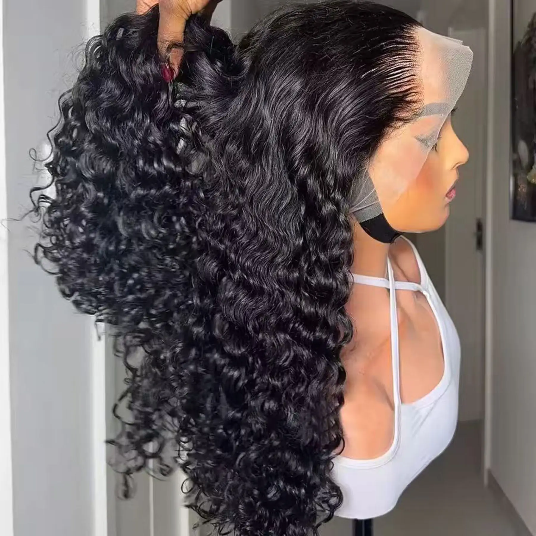 

Black Color Kinky Curly 13X4X1 Lace Frontal Synthetic Wig For Black Women Ponytails Preplucked Glueless Wigs Wedding Soft Hair