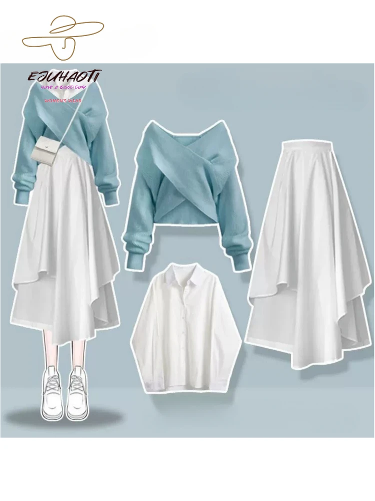 

Student's Preppy Style Sweet Wind Suit Girl's Fashion Cross Sweater Shirt Skirt Three Piece Sets Elegant Clothes Free Shipping