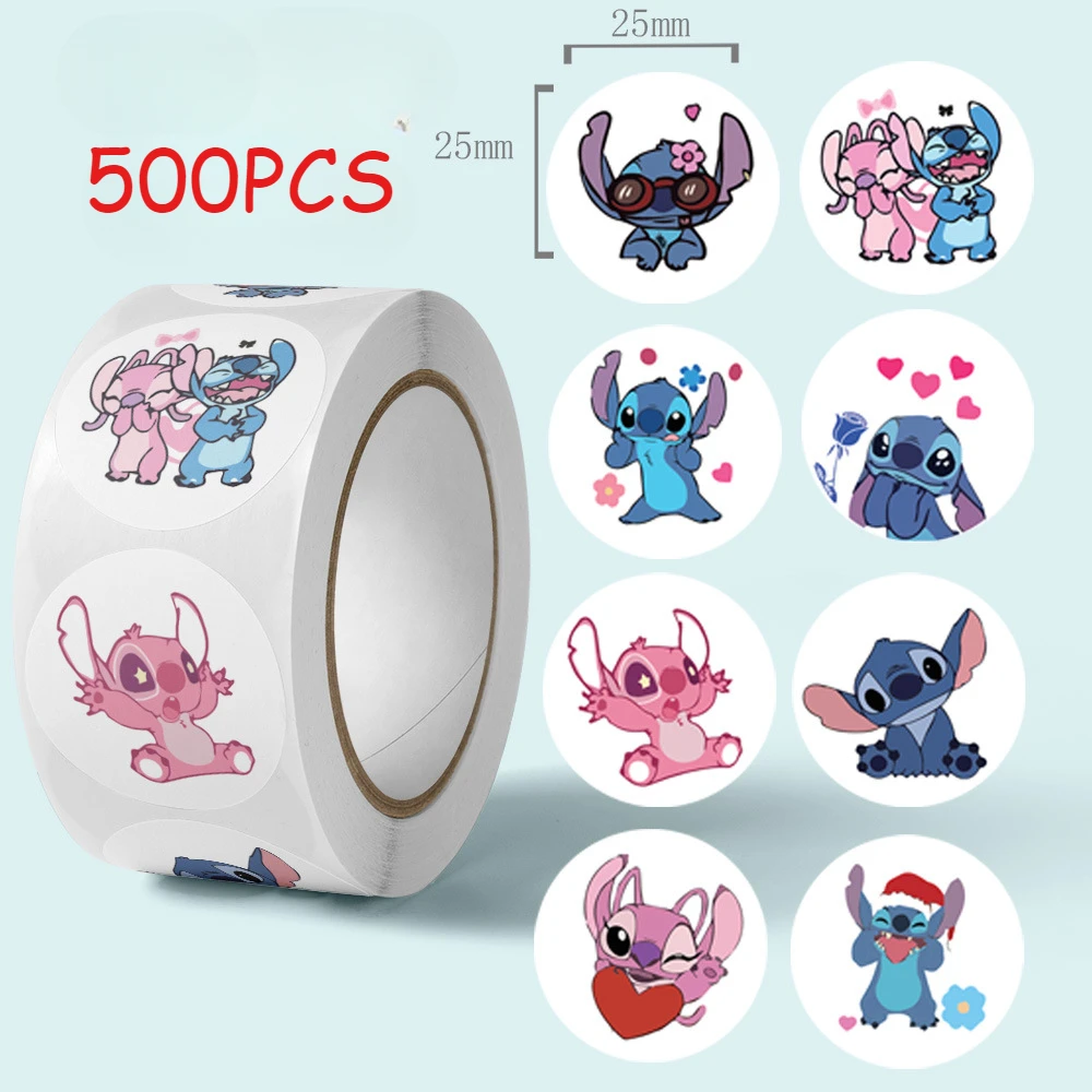 500PCS/Roll Disney Stitch Sealing Graffiti Stickers Cute Cartoon Anime Lilo & Stitch Stickers Round Diy Decor Album Diary Labe