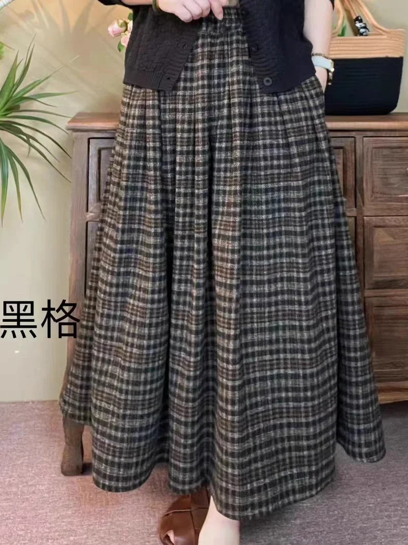 

Thiened Woolen Plaid High Waist Umbrella Skirt Women's Autumn Winter Vintage f-length Skirts Versatile Base Long Skirts