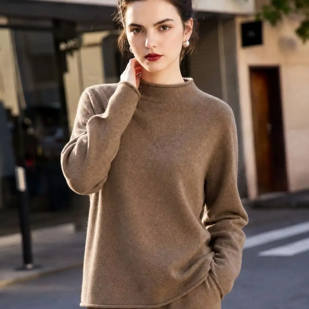 Women's 100% cashmere pullover casual solid color knitted sweater Mock neck Jumper winter warm Blouse loose Tops base Joker