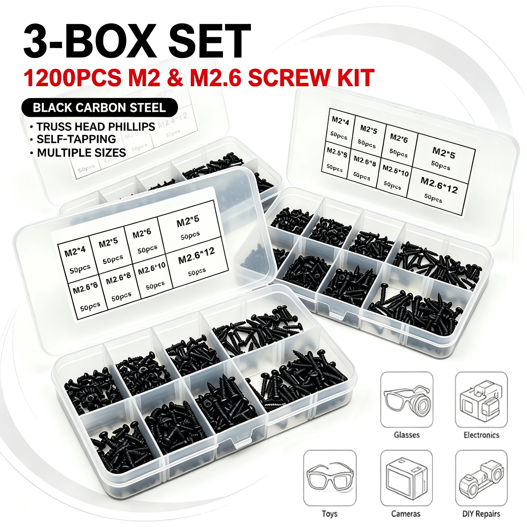 3‑Box Set (1200pcs) M2&M2.6 Black Carbon Steel Truss Head Phillip SelfTapping Screw for Glasse Electronic Cameras&DIY Repairs