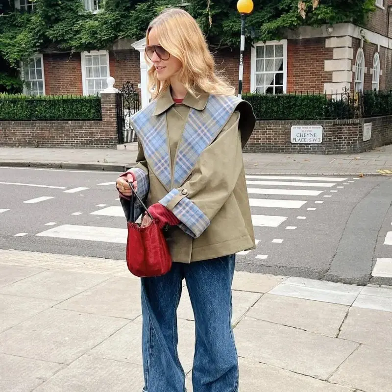 

Vintage Plaid Reversible Two-Way Coat Women Oversize Single Breasted Pocket Loose Jacket 2025 Aautumn New Lady Chic Outwears