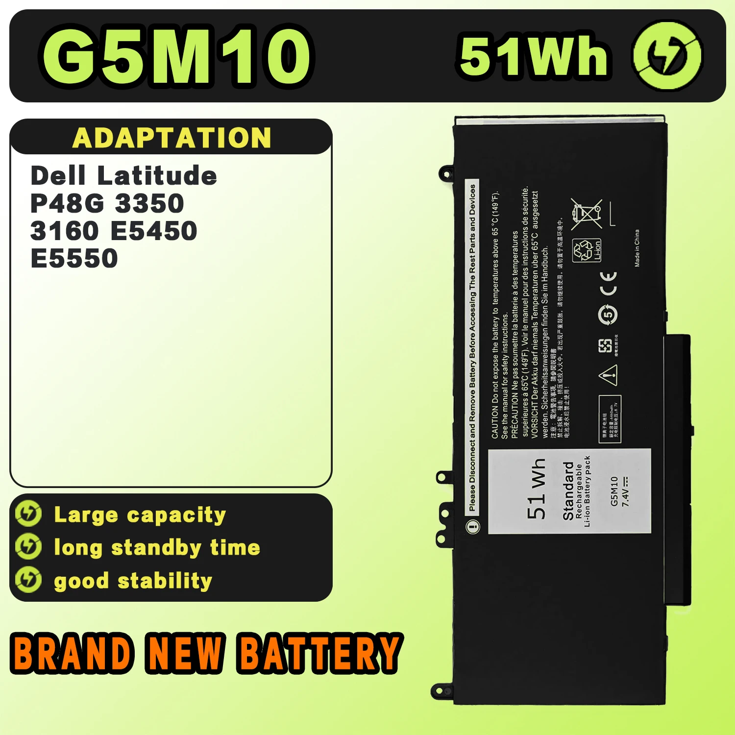 SAT G5M10 New Laptop Batteries Replacement For DELL Latitude P48G 3350 3160 E5450 E5550 7.4V-51Wh-6891mAh