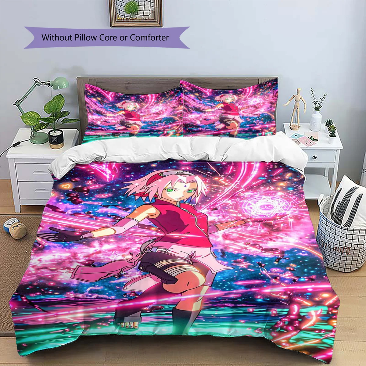 Sakura Haruno Gemustertes Kissenbezug- und Bettbezug-Set Anime-Inspirierte Stilvolle Bettwäsche für Schlafzimmerdekoration Perfektes Geschenk.-TING