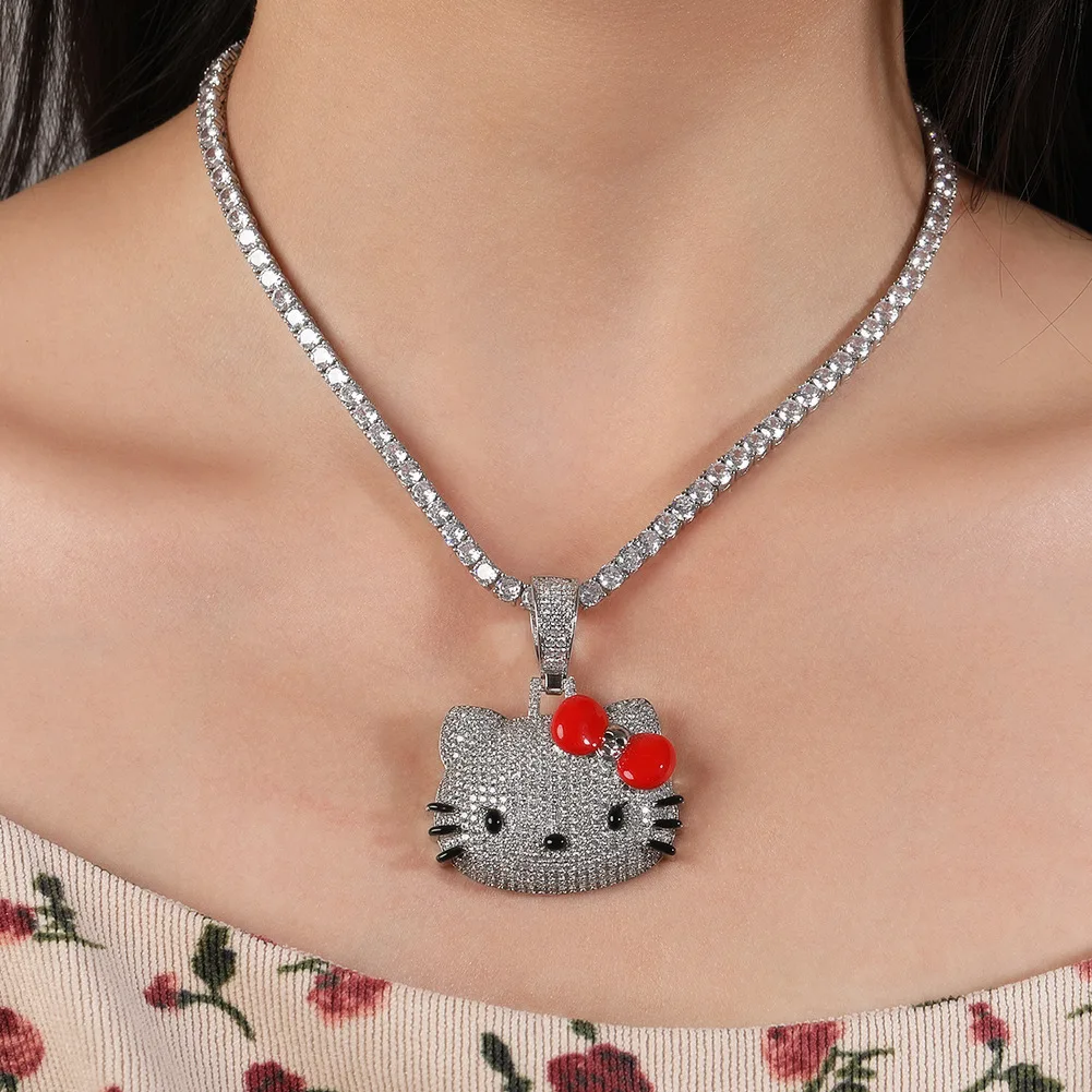 Collier avec Pendentif en Diamant Sanurgente Hello Kitty pour Fille, Bijoux Kawaii, Style Cubain, JoHip Hop, Cadeau