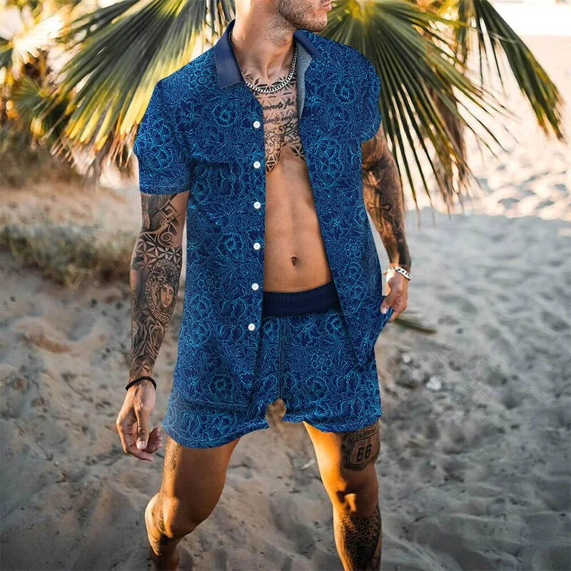 2023 New Summer Beach Fashion Hawaiian Casual Print 3D Two-piece Men\'s Short Sleeve Shirt Shorts Suit Men\'s Clothing