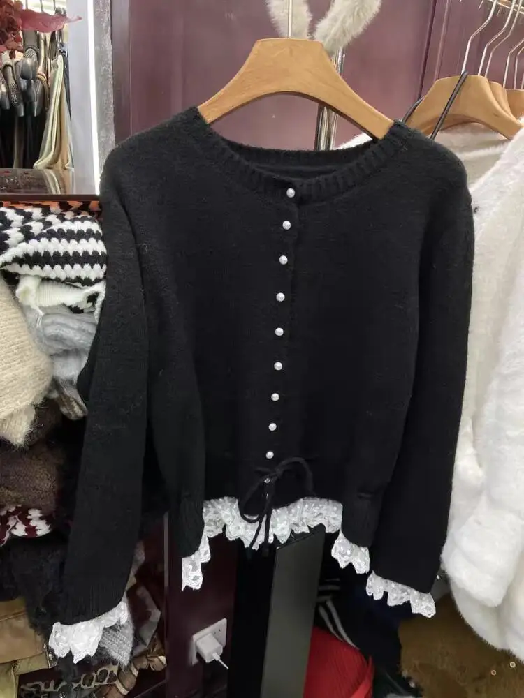 Cardigan coreano in pizzo dolce da donna primavera casual vestibilità ampia manica lunga girocollo top lavorato a maglia maglione legato in vita versatile