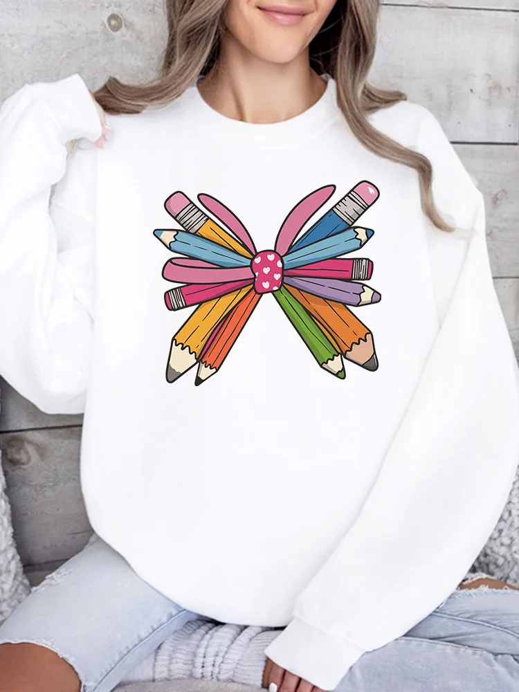 

Женская толстовка с принтом «Карандаши и банты», повседневный пуловер с длинным рукавом, свободный крой, уличный стиль для осени и зимы