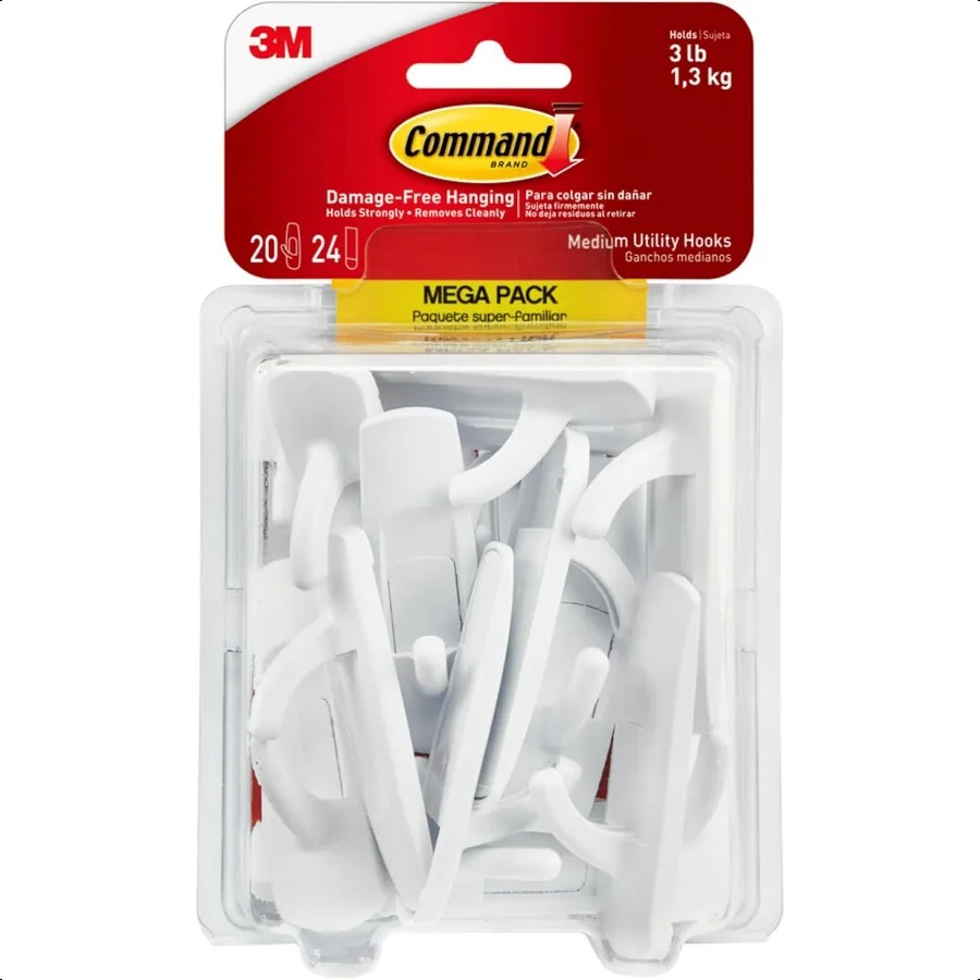 

Medium Utility Hooks 20 Hooks and 24 Strips Damage Free Hanging Wall Hooks with Adhesive Strips No Tools Adhesive Hooks for Han