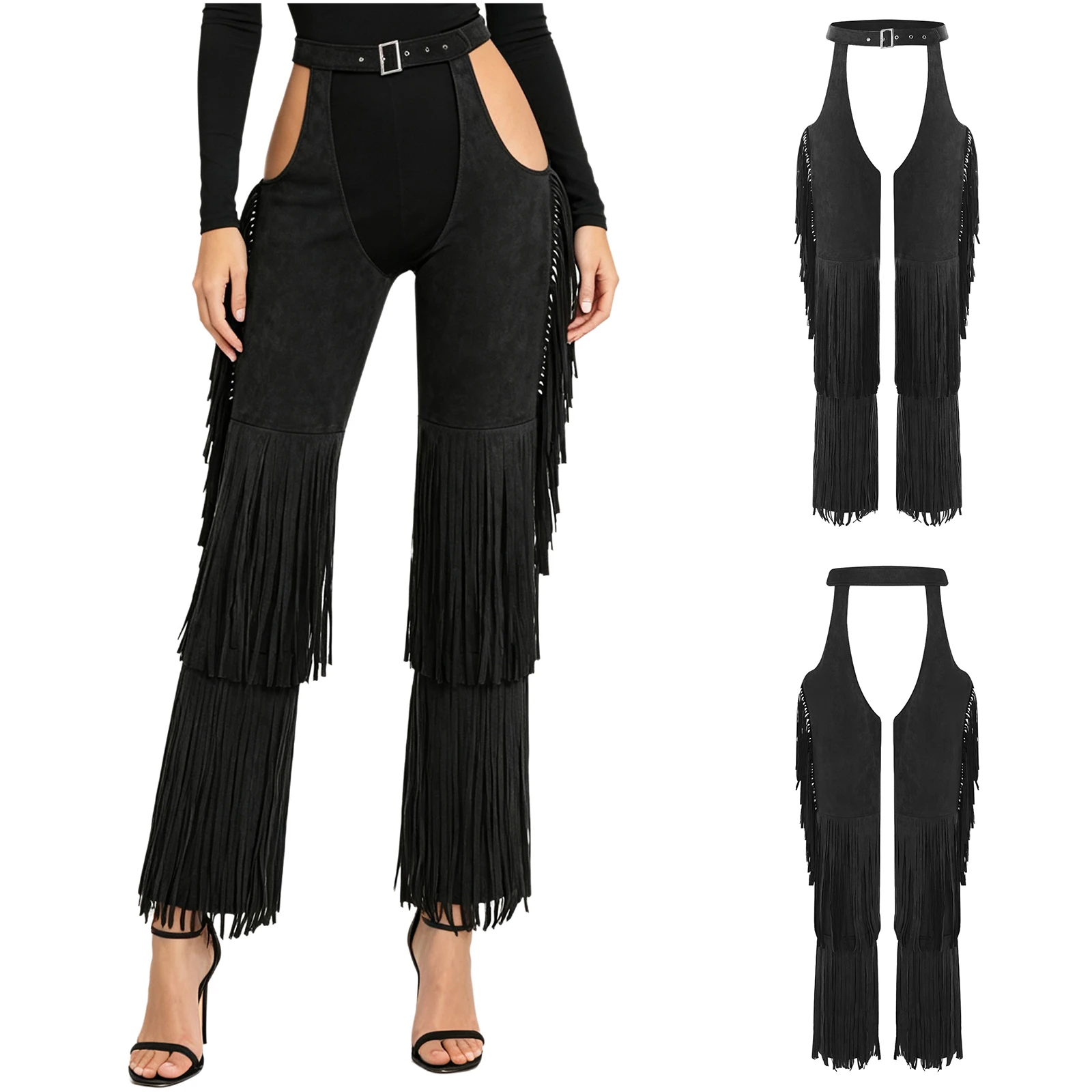 Womens Equestrian Show Fringed Pants Adjustable Waist Tiered Tassel Cowgirl Pants for Trick Riding Western Dance Festival Party