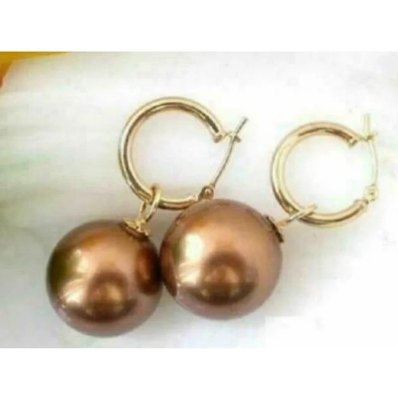 HUGE AAA 16mm natural  south sea Chocolate  shell pearl earrings 14K Yellow gold