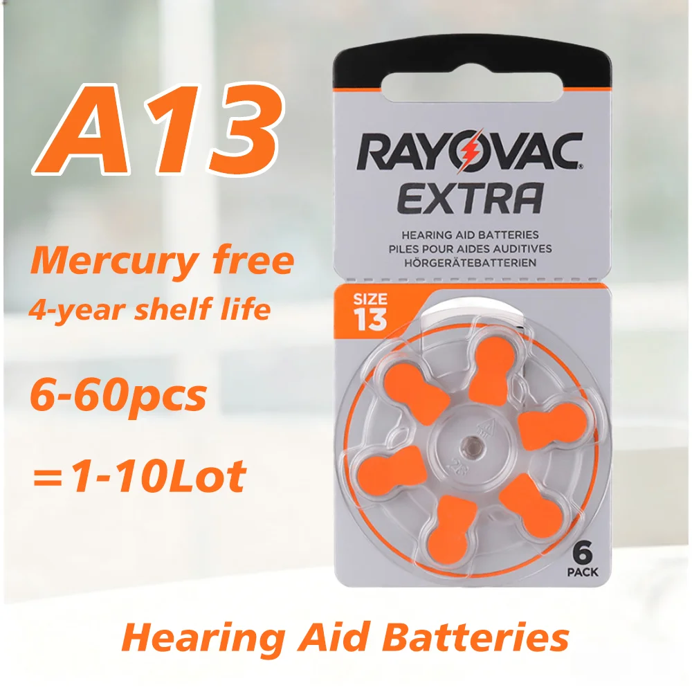 Hearing Aid A13 Battery 6-60PCS RAYOVAC EXTRA Zinc Air Batteries 1.45V.13A A13 P13 PR48 Battery For BTE CIC RIC OE Hearing Aids
