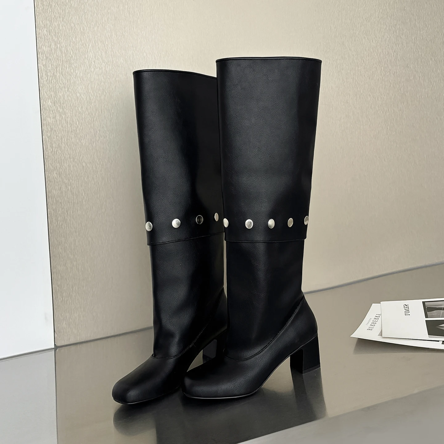 2026 autumn winter women knee-high-boots 22-24.5cm split leather round toe long boots thick heel rivet 2-way wear Pile up boots
