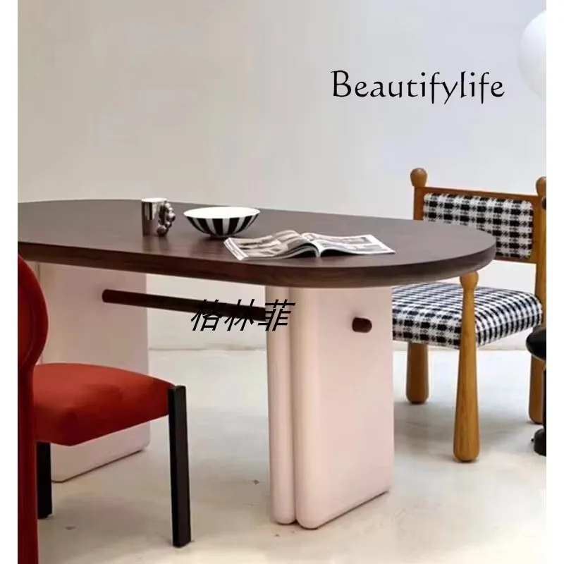M French Medieval Style Solid Wood Dining Table And Chair Combination Nordic Simple Retro Dining Table Log Oval Table