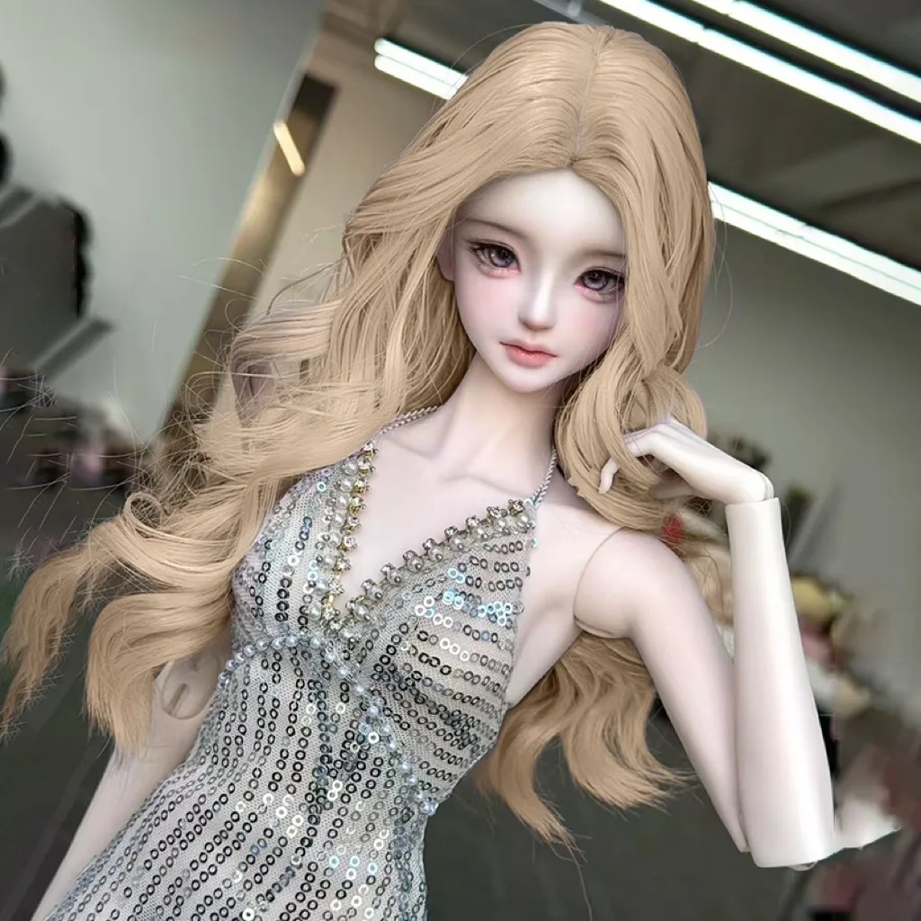 

Парик для куклы bjd подходит для размеров 1/3 1/4 и 1/6, золотой имитация мохера, длинные вьющиеся волосы среднего пробора, аксессуары для кукол