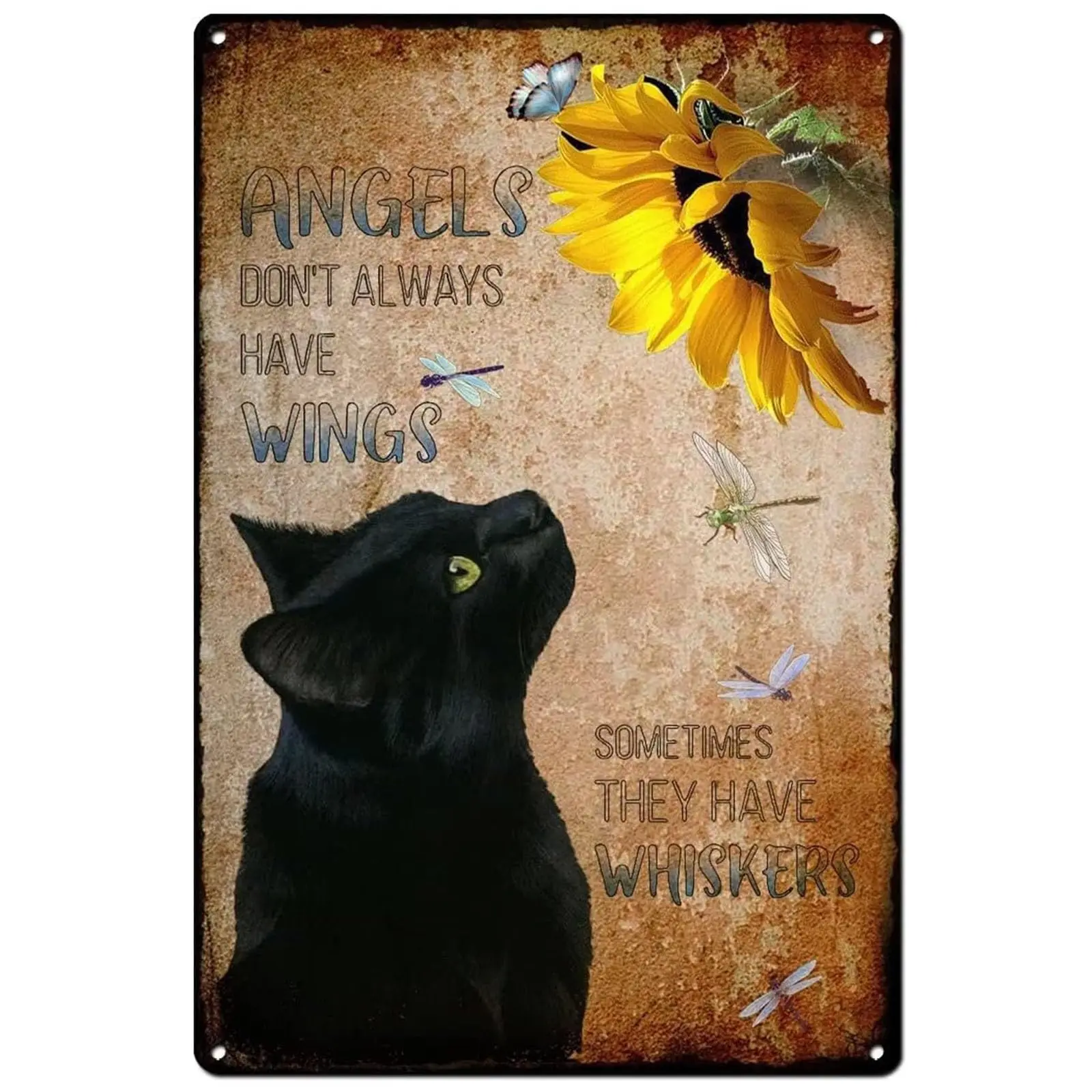 Metal Tin Sign Angels Don;t Always Have Wings Sometimes They Have Whiskers Vintage Floral Black Cat Lovers Gift Vintage Plaque M