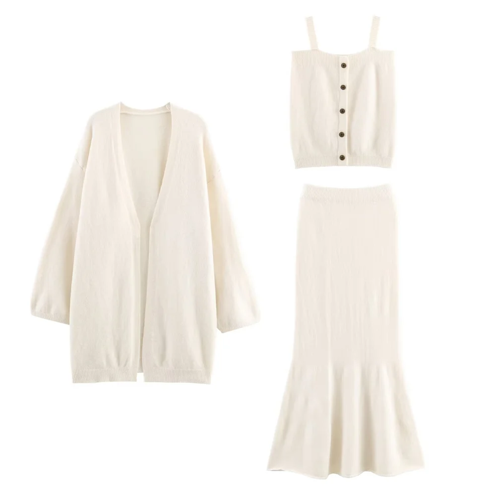 Otoño nueva ropa de mujer estilo europeo y americano moda simple chaqueta de punto chaleco falda de cola de pez conjunto de tres piezas
