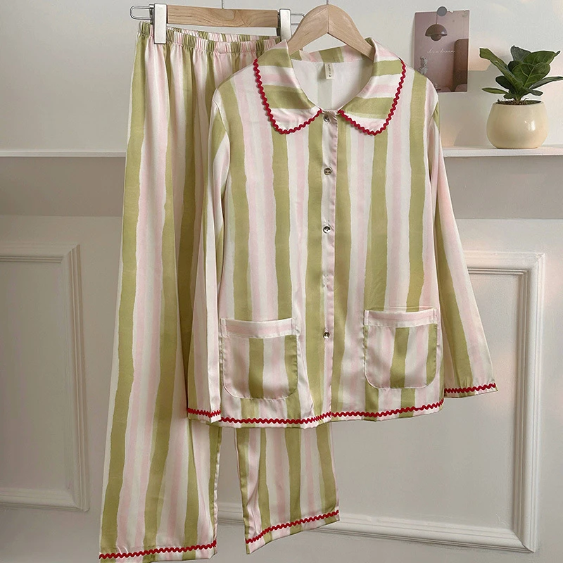 

2026 New Korea Style Sleepwear Women's Spring Summer Pajamas Long Sleeve Pajamas Set Ladies Satin Home Clothes Two Piece Set