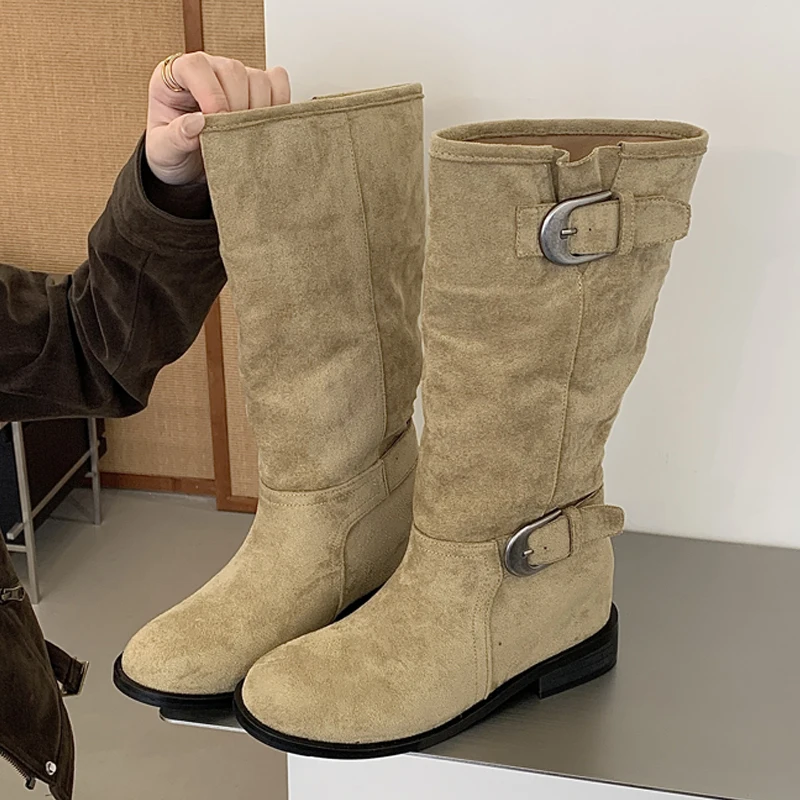 Eilyken Winter Retro Contrasting Splicing Buckle Strap Women Knee-High Boots Western Style Round Toe Square Low Heels Shoes