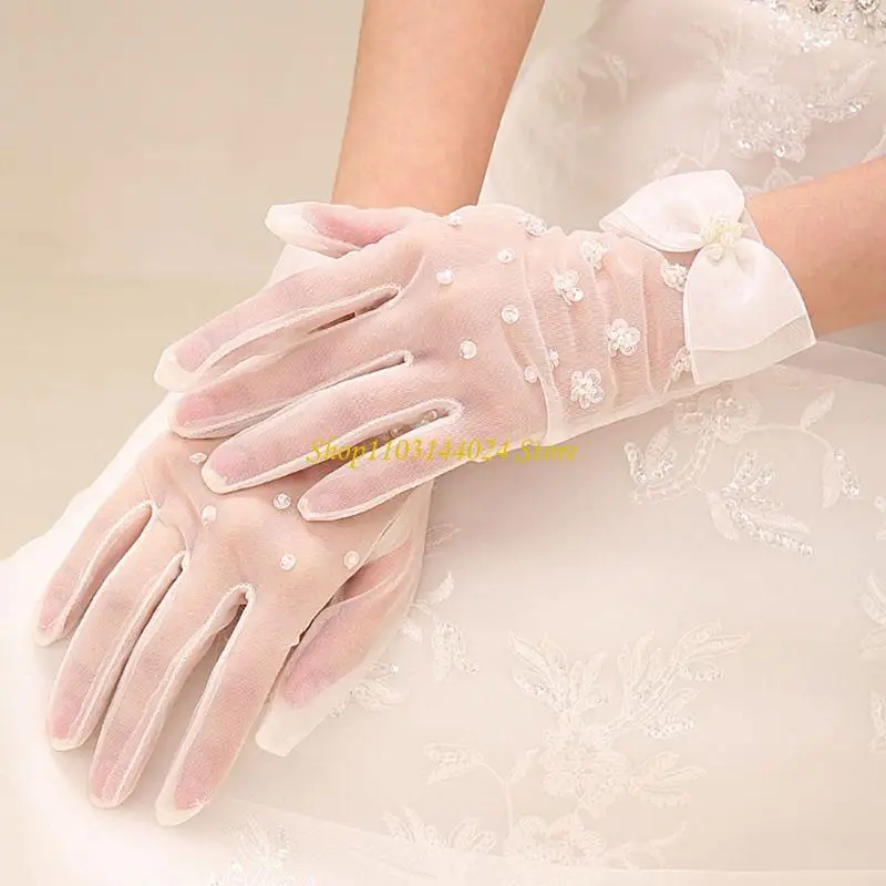 N5KE 1920er-Jahre-Opern-Party-Mesh-Vollfinger-Handschuhe mit Schleife für Sonne zum Schutz, Weiß, M – Detail 4