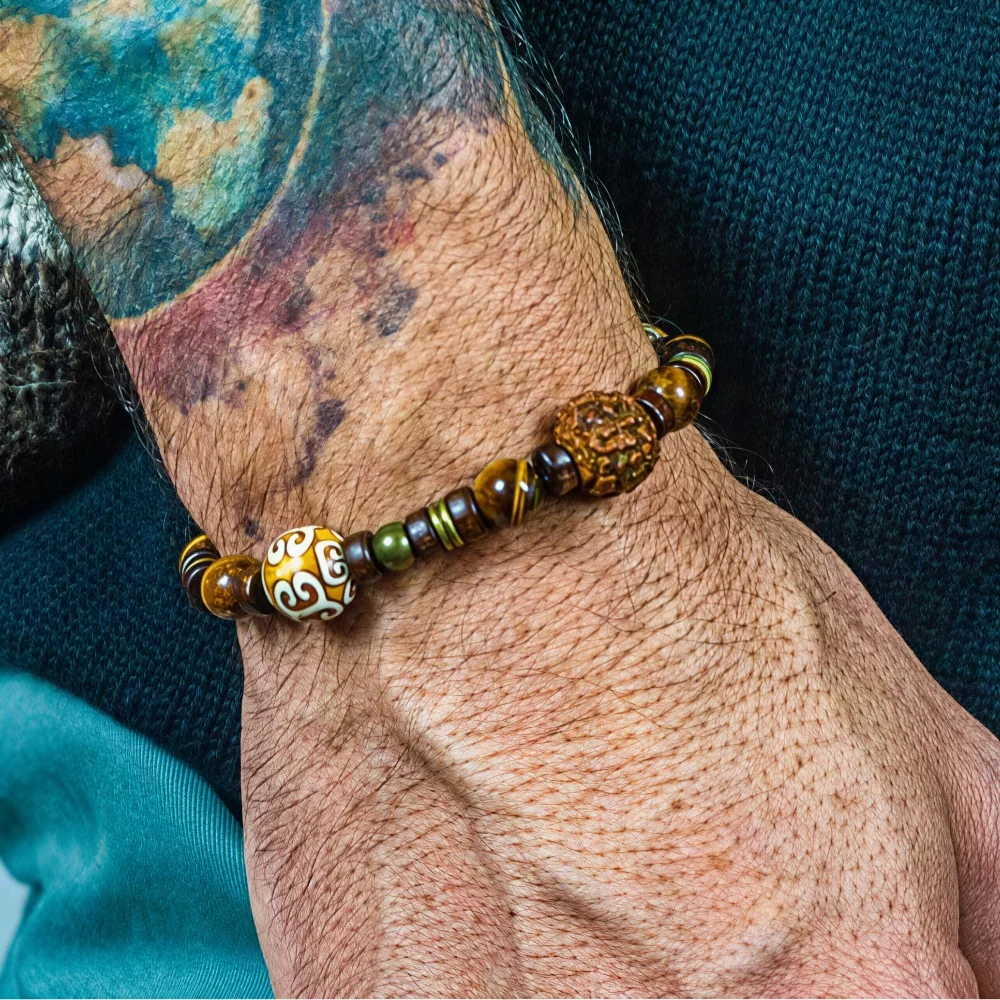 Tibetischer Ethno-Stil Dzi-Perlen Walnuss Herrenarmband Vintage Holzperlen Schmuck Mode Natürliche Tigerauge Accessoires – Detail 1