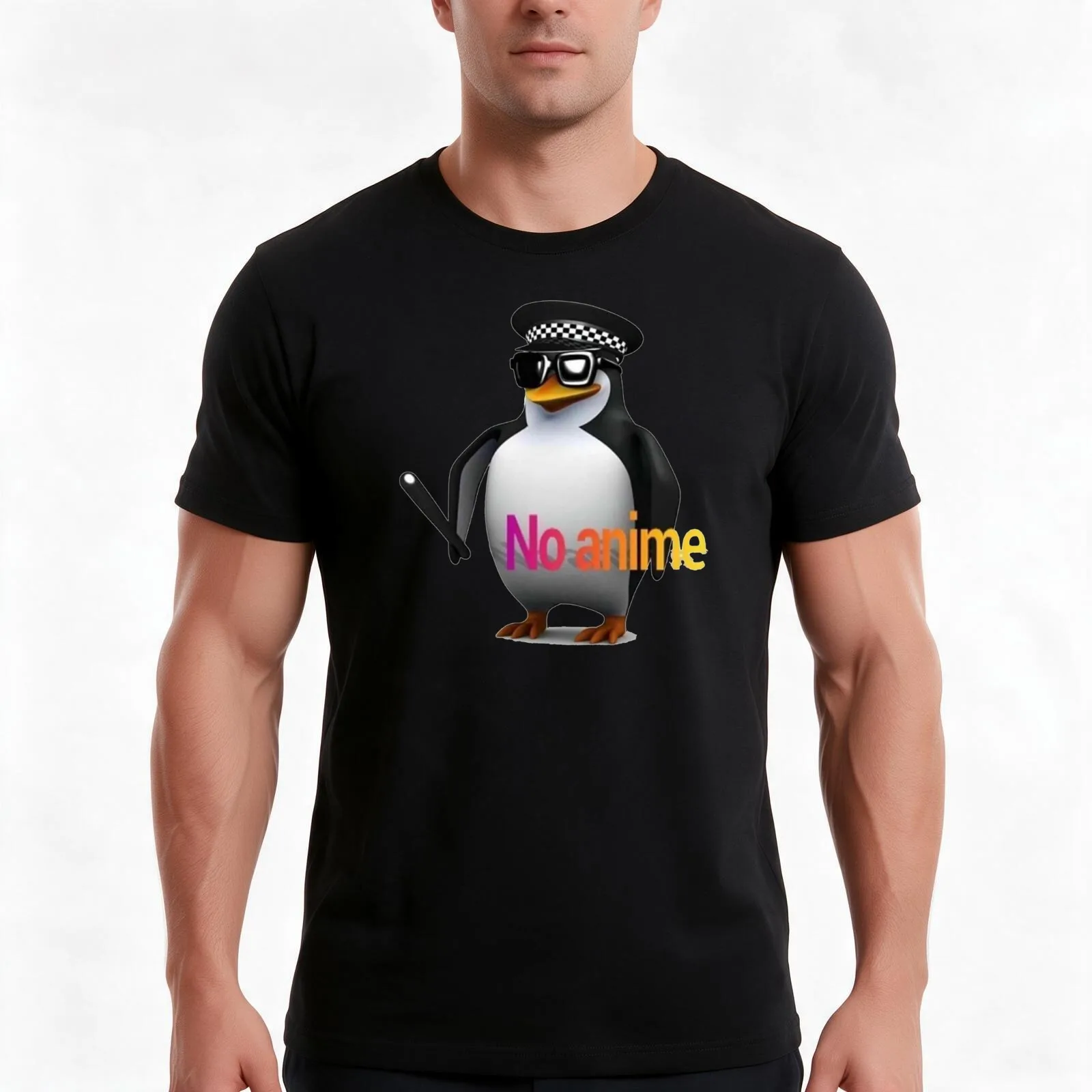 NO anime allowed penguin cop T-Shirt, Summer Casual Cotton Tee, Oversized Streetwear Tops, Vintage Graphic Print, 100% Cotton