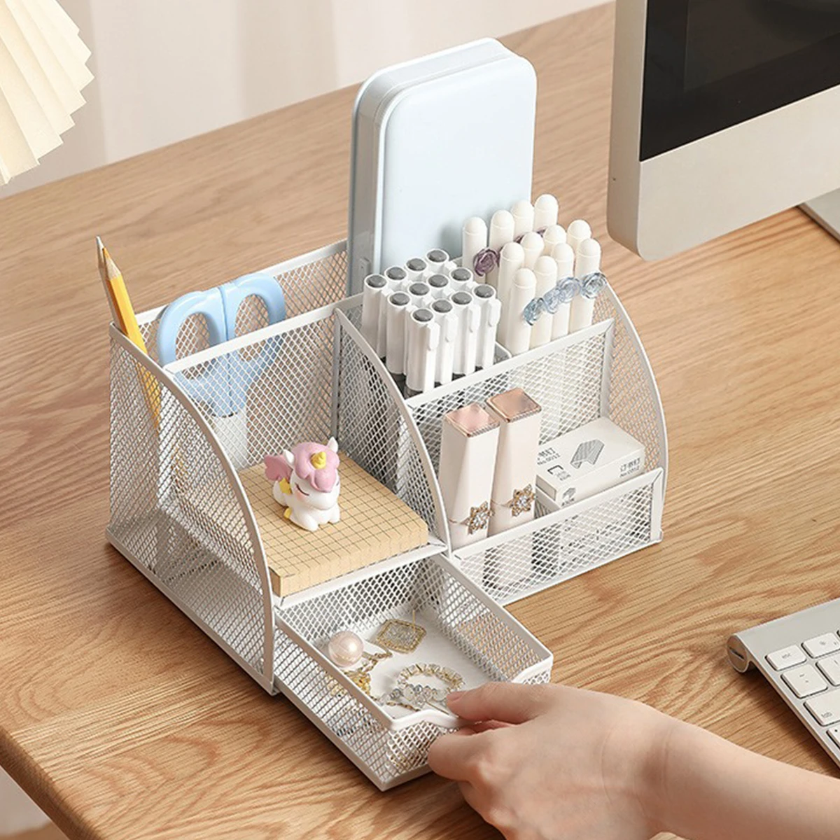 Seven-grid Multi-functional Combination Pen Holder Metal Hollowing Process Korean Stationery Desktop Storage and Organization