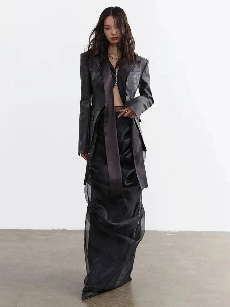 Black High Pleated Waist Mesh Irregular Long Elegant Half-body Skirt Women Fashion New Spring Autumn 2026 1DH8ATL
