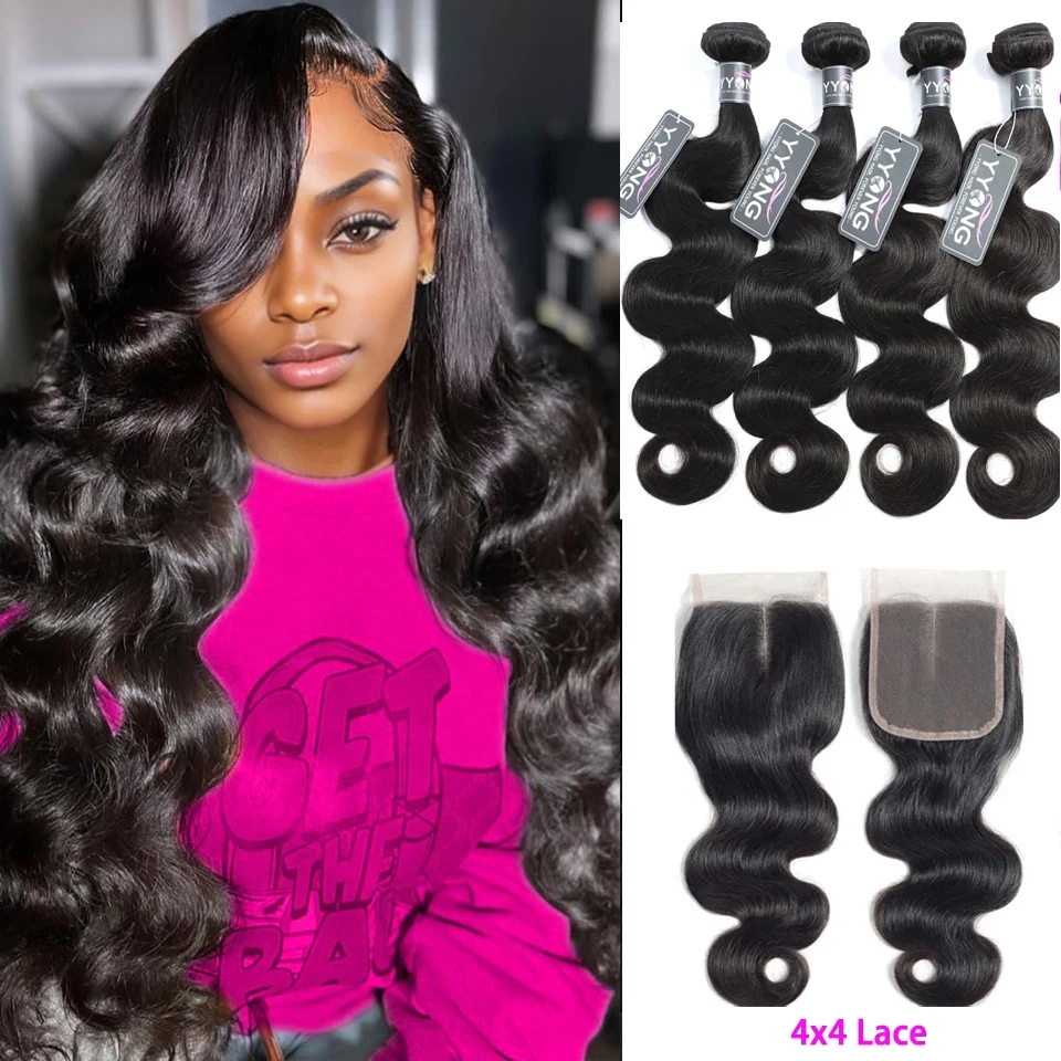 Yyong Body Wave Bundles With Closure Brazilian Hair Weave 3/4 Bundles With Lace Closure 4x4 Remy Human Hair Bundles With Closure