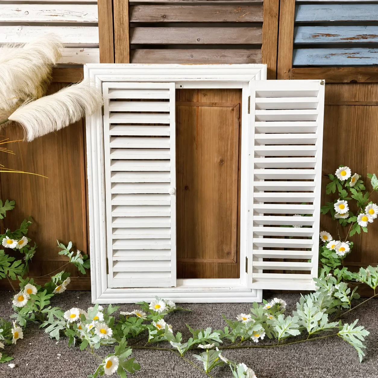 Rustic Distressed Wood Shutter Wall Decor, White, 48x65x3 CM, Vintage Style Decorative Window Panel