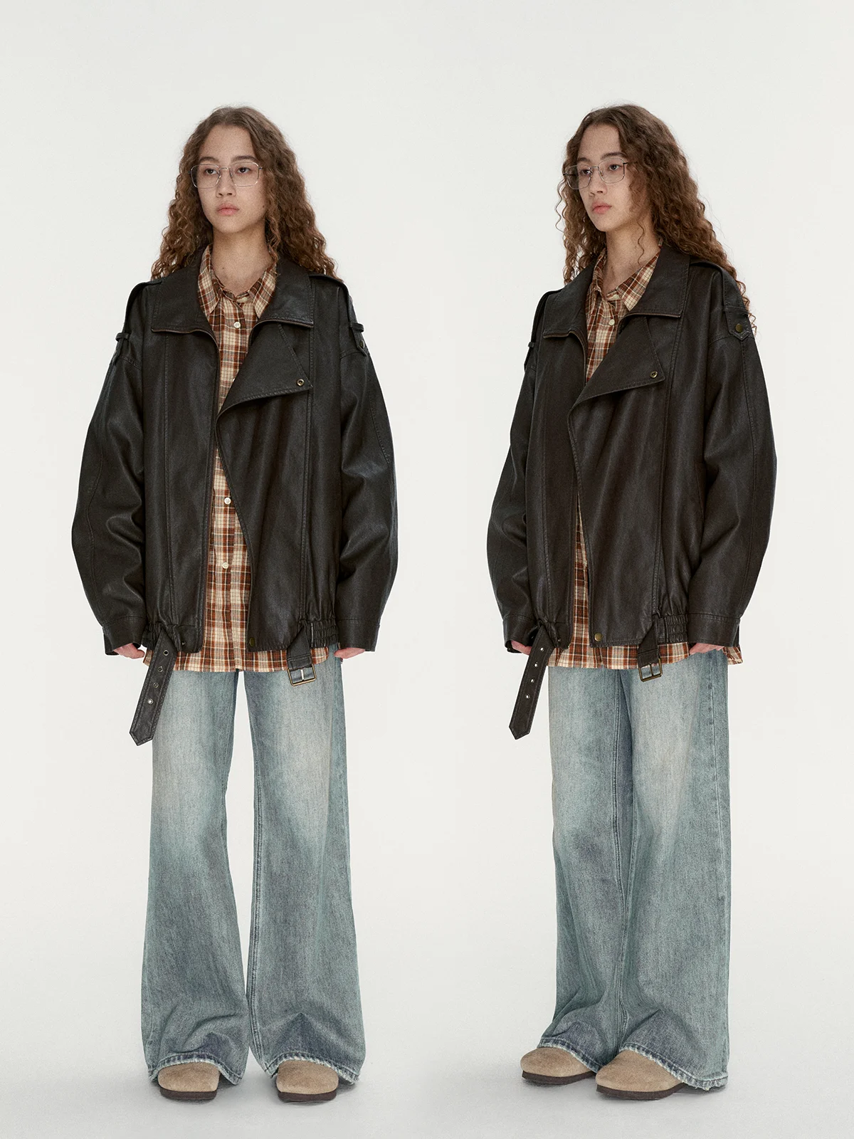 

Brown Oversized Vintage Leather Jacket Washed out Mermaid Color Block Collar Shape FIRSTFLOOR Commute Style Long Sleeve Zipper